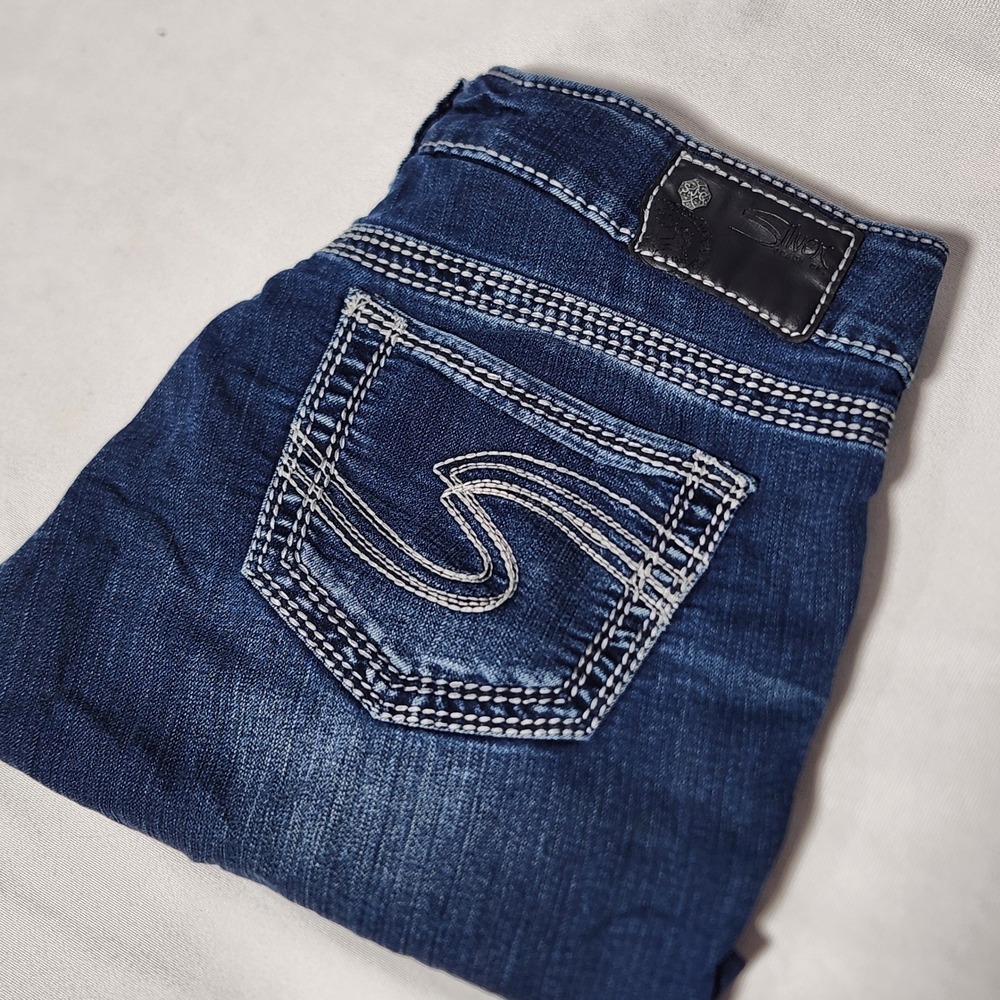 Silver Jeans Capri Suki Mid Rise Straight‎ Leg Dark Wash Thick Stitch Jeans W28